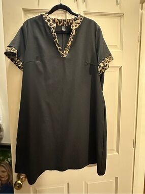 Black Mini Dress with Leopard Trim - Women's Shift Dress